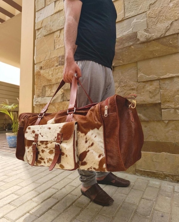 Handmade Hair-On Cowhide Duffle Bag: Leather Weekender Travel Bag