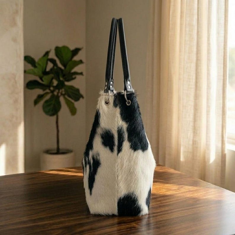 May include: A cowhide tote bag with black leather handles. The bag features a white background with black spots. The handles are attached with silver-colored metal hardware. The bag is sitting on a wooden surface.