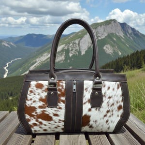 May include: A brown and white cowhide handbag with a zipper closure and two handles. The bag has brown leather trim and is set against a scenic mountain backdrop.
