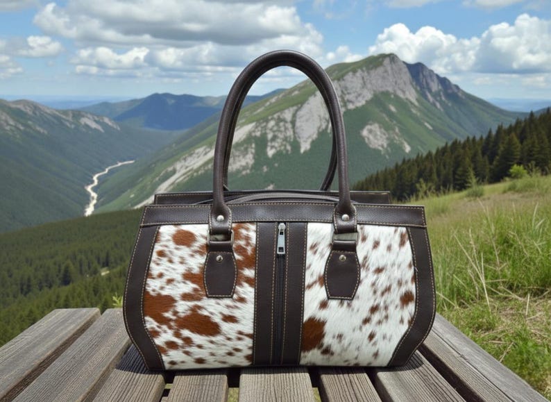 May include: A brown and white cowhide handbag with a zipper closure and two handles. The bag has brown leather trim and is set against a scenic mountain backdrop.