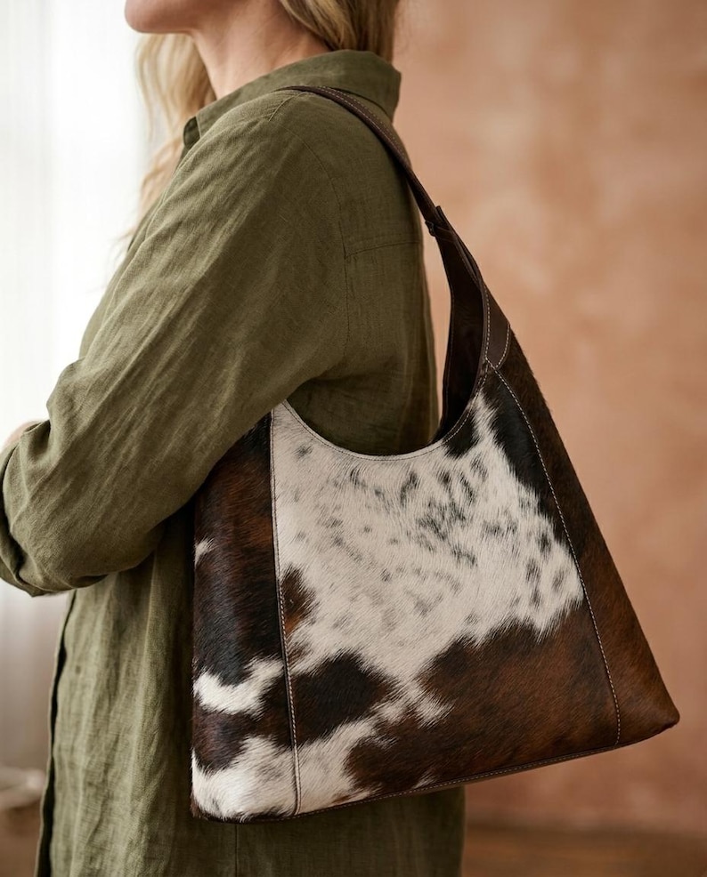 May include: A brown, white, and black cowhide shoulder bag with a dark brown leather strap. The bag has a unique pattern and a curved top. The bag is carried over the shoulder.