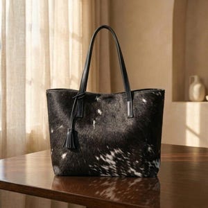 May include: A black and white cowhide tote bag with black leather handles and a tassel. The bag is rectangular and sits on a wooden table. The bag has a soft, textured appearance.
