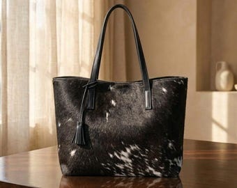 Cowhide Leather Tote Bag Handmade, Hair On Leather Shoulder Bag, Large Western Tote Purse, Genuine Handbag, Rustic Everyday Bag, Women Gift