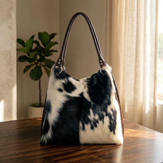 Cowhide Tote Bag | Genuine Hair On Hide Leather Shoulder Bag | Large Boho Handbag | Black White Cow Print Bag | Gift for Her | Everyday Bag