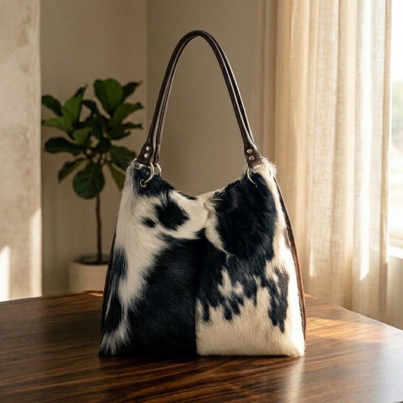 May include: A cowhide tote bag with a black and white spotted pattern. The bag has brown leather handles and trim. The bag is sitting on a wooden surface.