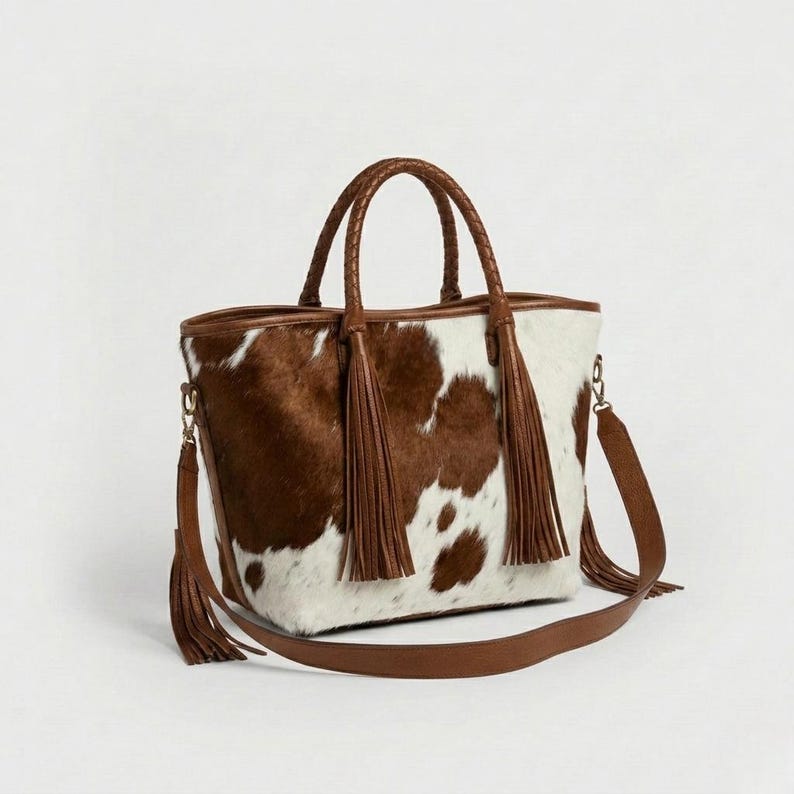 May include: A cowhide tote bag with a brown and white spotted pattern. It features brown leather handles and a detachable shoulder strap. Brown tassels hang from the sides. The bag is designed for everyday use.