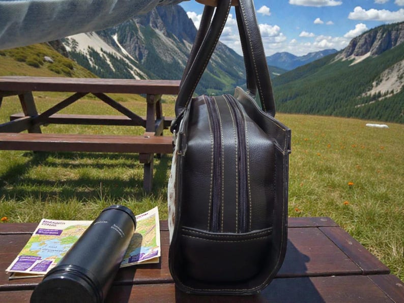 May include: A dark brown leather briefcase with double zippers and a handle is held up against a scenic mountain backdrop. A black water bottle and a map are on a wooden picnic table. The bag has a structured design.
