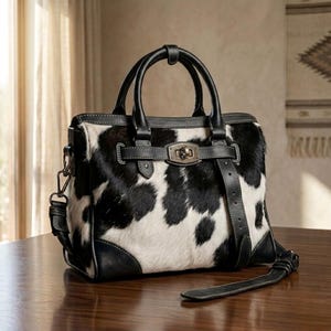 May include: A handbag featuring a black and white cowhide pattern with smooth black leather trim, dual top handles, a central metal turn-lock closure on a horizontal strap, and a detachable shoulder strap with metal hardware attachments.