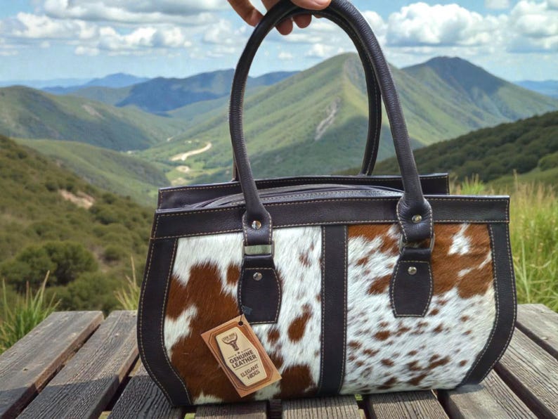 May include: A brown and white cowhide leather handbag with dark brown trim and handles. The bag has a rectangular shape with a zipper closure and a tag that reads "Genuine Leather". The bag is held up against a scenic mountain backdrop.