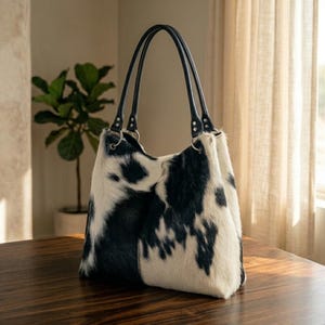 May include: A tote bag with a cowhide pattern in black and white. The bag has black leather handles and silver-colored metal rings. The bag is sitting on a wooden table.