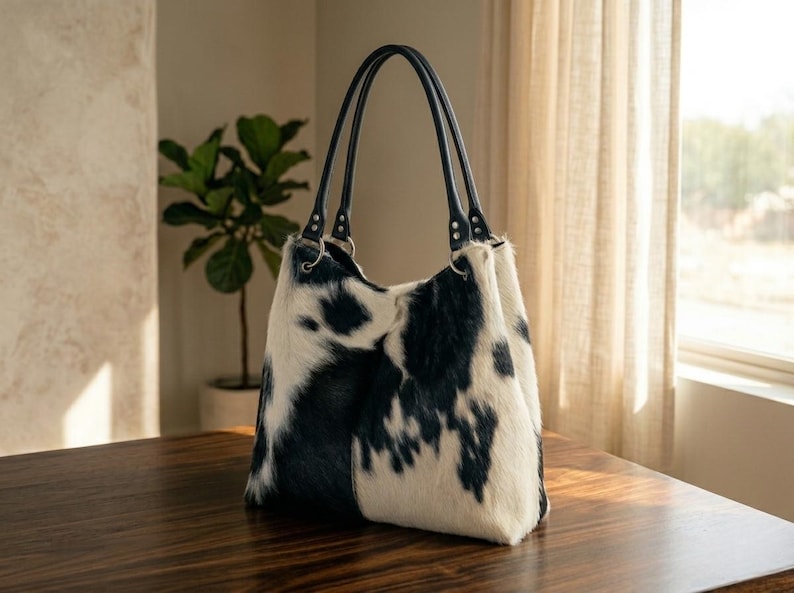 May include: A tote bag with a cowhide pattern in black and white. The bag has black leather handles and silver-colored metal rings. The bag is sitting on a wooden table.