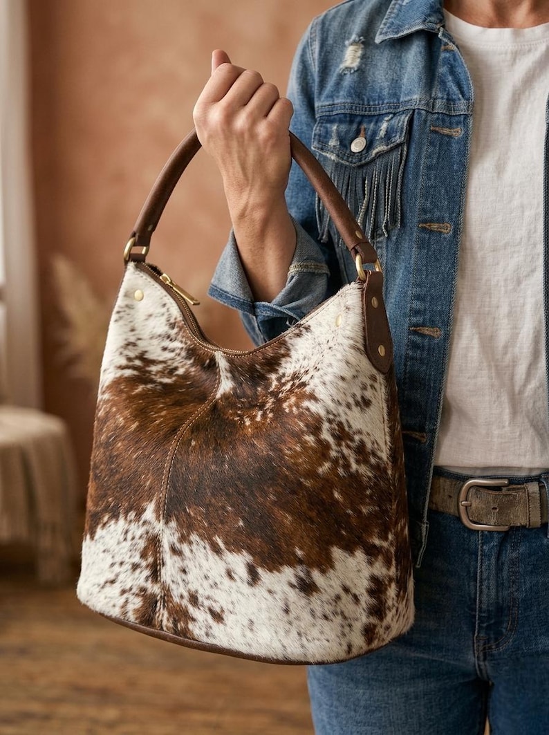 May include: A brown and white cowhide shoulder bag with a curved shape. The bag has a brown leather handle and trim, with a gold zipper closure. The bag is being held by a person wearing a denim jacket.