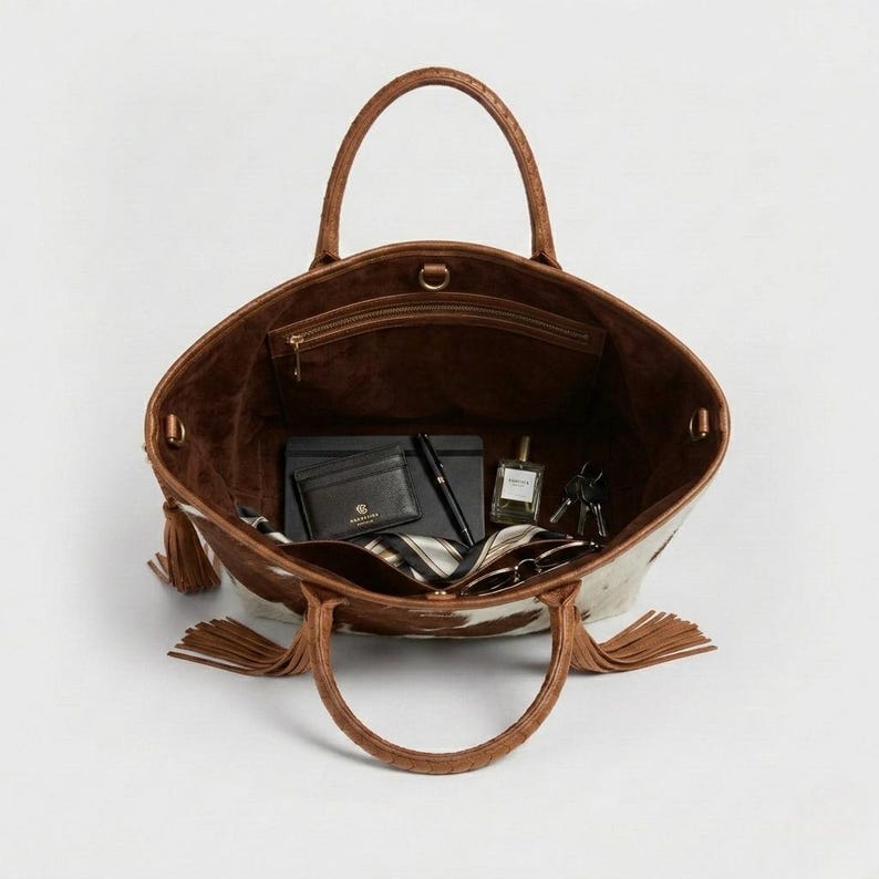 May include: Open tote bag with brown leather handles and a cowhide pattern. The interior is brown suede and contains a wallet, pen, notebook, perfume, keys, and a scarf. Tassels hang from the sides.