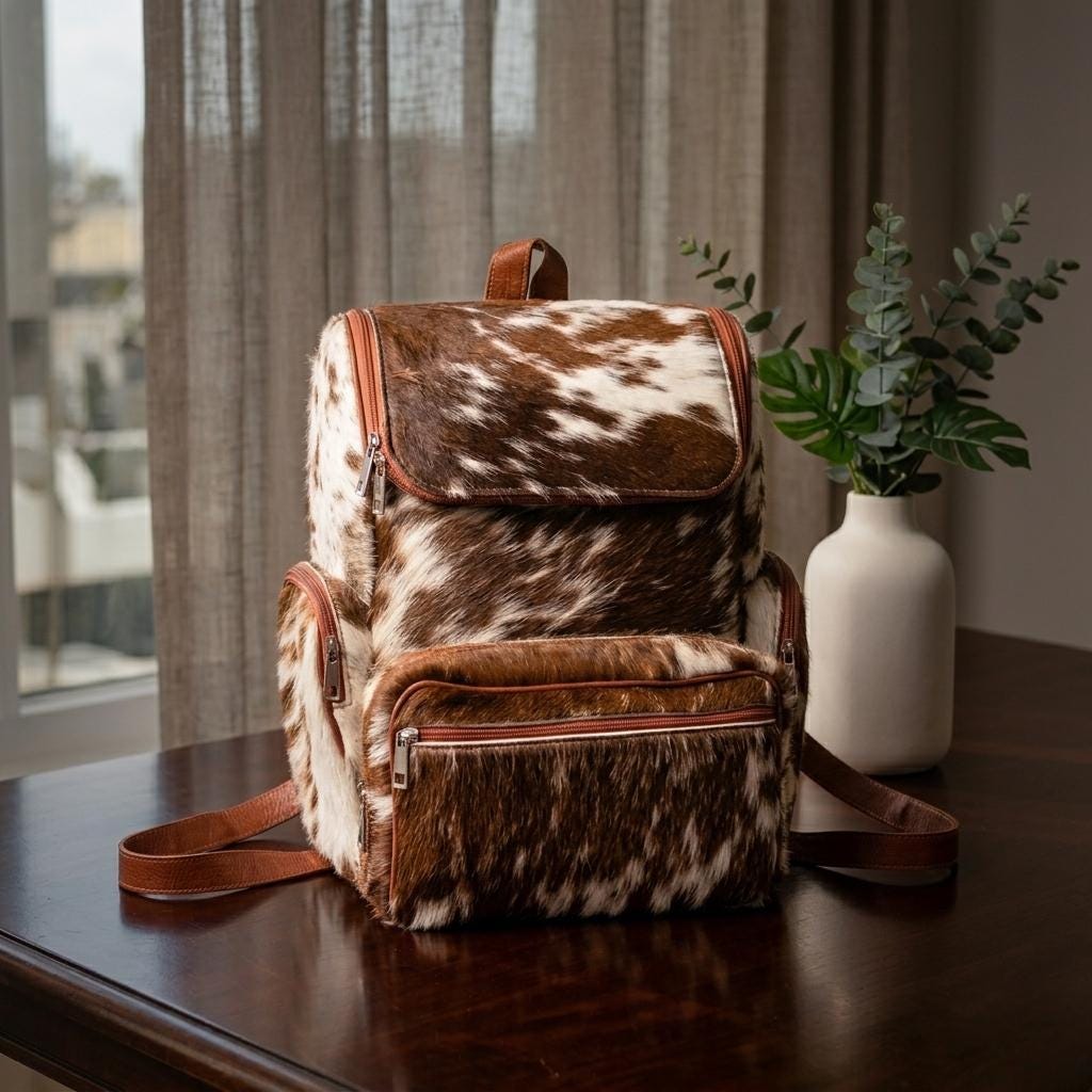 Cowhide Leather Backpack Western Bag Hair On Hide Rucksack Travel Bag Handmade Leather Bag Cow Print Diaper Backpack Bag Gift