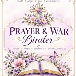 Pode incluir: Uma capa de fichário Prayer & War Binder com o texto Angel Grace Creations, Faith, Hope, Love, Encouragement, Prayer & War Binder, Prayer, Praise, Scripture, Spiritual Warfare e Let Everything You Do Be Done in Love, 1 Corinthians 16:14.