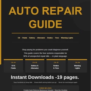 Op de afbeelding: Een zwart en goudkleurig Auto Repair Guide met de tekst "AUTO REPAIR GUIDE" in grote gouden letters. De gids behandelt olie, vloeistoffen, accu, dynamo, remmen, banden en waarschuwingslampjes. Directe downloads en bonus checklists.