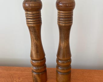 Vintage Hand-Turned Wooden Salt Pepper Mills, MCM Scandinavian Kitchen Decor