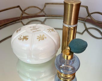 Vintage Vanity Decor Trio : Murano-Stil Parfümflasche mit Ballspray, Nina Ricci L'air du Temps Puderbehälter, Vintage Gold Parfümflasche