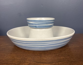 Vassoio per patatine e salse o verdure, ceramica canadese vintage di ROSS Canada, smalto blu e crema, utensili da cucina artigianali e piatto da portata