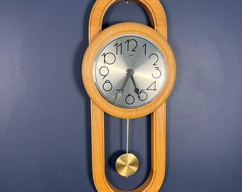 Postmodern Wood Pendulum Wall Clock, 90s Modern Design Clock, Oak with Metal and Quartz Movement, Minimalist Architectural Decor