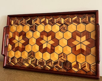 Vintage Geometric Wood Serving Tray Signed by The Wood Crafters, AB, Canada, Parquet Geometric Inlay 18x11.5