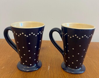 Vintage Echt Burgeler German Pottery Mugs, Blue White Dots, Ceramic Coffee Cups, Farmhouse Decor