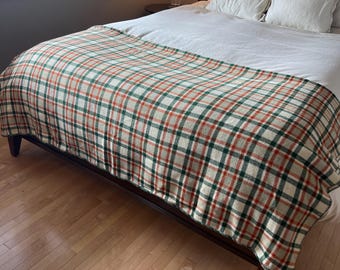 Vintage Wool Plaid Blanket, Rust Green Cream Tartan, Cabin Cottage Decor 73x80