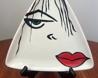 Hand Painted Ceramic Face Dish Triangle Plate Signed Painted Dreams Modern Art Pottery Decor