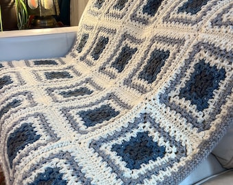 Granny Square Blanket Blue Grey Cream Crochet Throw 50x62 Cozy Handmade Afghan