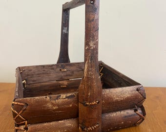 Vintage Wooden Carrier Basket, Adirondack style, Handcrafted Rustic Wood Slat Basket