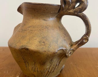 Vintage Artisan Studio Pottery Pitcher, Handmade Ceramic Brutalist Jug, Rustic Redware