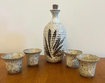 Vintage Speckled Stoneware Sake Set, Mid Century Modern Jug and Cups, Signed by Artist