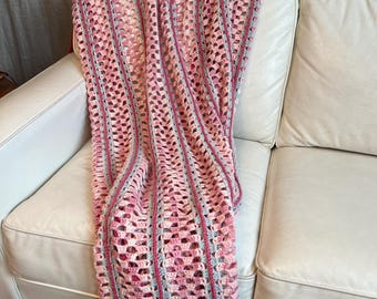 Vintage Crochet Afghan Dusty Rose Striped Grandmillennial Decor, Cottagecore Retro Throw