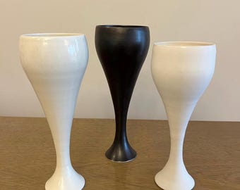 Signed Studio Pottery Goblet Vase Set 1985, Black and White Sculptural Ceramic Stemware, Vintage Artist Made Decor