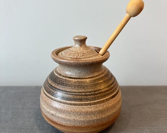 Honey Pot with Dipper, Signed Studio Pottery, Mid Century Kitchen Decor