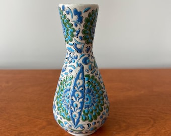 Vintage Hand-Painted Greek Ceramic Vase: Blue Green Floral Mid-Century Mediterranean Decor