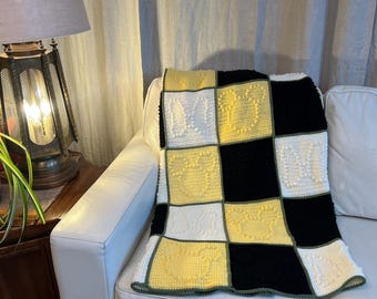 Mickey Minnie Inspired Crochet Baby Blanket: Yellow, Black, White Patchwork Nursery Throw 50x78
