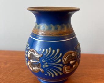Vintage Tellingstedt Keramik Vase, Cobalt Blue German Folk Art Pottery Mid Century Decor