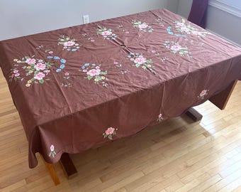 Linen Tablecloth Embroidered Floral Oval Cottagecore Brown Linen (69x98") indoor outdoor use