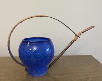Amici Italy Cobalt Blue Blown Art Glass Watering Can Copper Handle Decorative