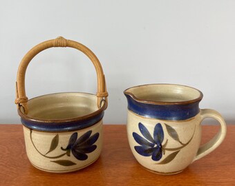 Vintage Studio Pottery Creamer Sugar Set: Blue Floral Stoneware, Signed 1988