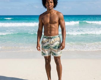 Trajes de baño a juego para parejas, bikini con estampado abstracto biofílico y bañador para hombre, conjunto de baño costero de lujo y estilo tranquilo.