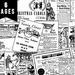 Printable Christmas Ephemera, Ink Saver, Black And White -6pg Digital Download- Retro Xmas, Old Fashioned Christmas, Junk Journal Ephemera