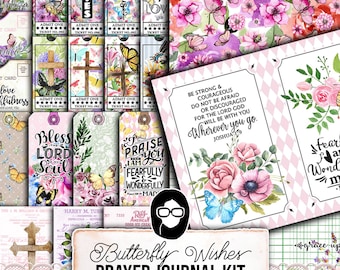 Butterfly Prayer Kit, Faith Junk Journal Kit-40pg Digital Download- Religious Note Cards, Catholic Cross, Prayer Quotes, Bible Verse Cards