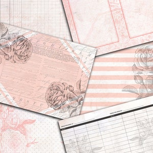 May include: A vintage-style printable planner page with a pink and white striped background. The page features a rose illustration and the text "FROM THE DESK OF".