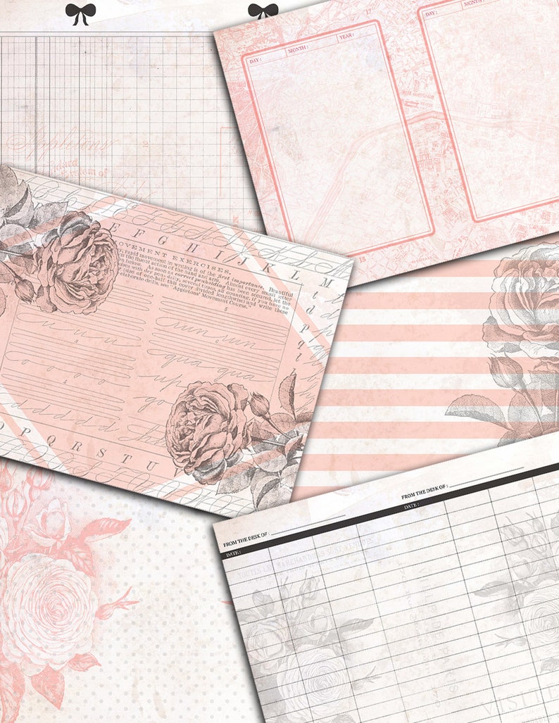 May include: A vintage-style printable planner page with a pink and white striped background. The page features a rose illustration and the text "FROM THE DESK OF".
