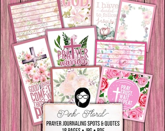 Christian Junk Journal Kit, Pink Floral Prayer Warrior Ephemera (18 Page Digital Download) Set #13