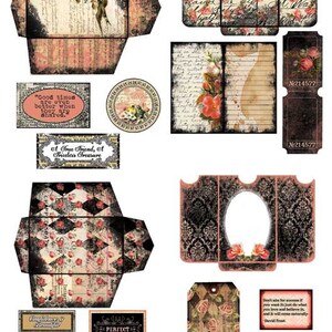 May include: A collection of vintage-style printable digital papers and ephemera featuring floral patterns, handwritten text, and quotes. The papers are in shades of pink, black, and white with a distressed look.