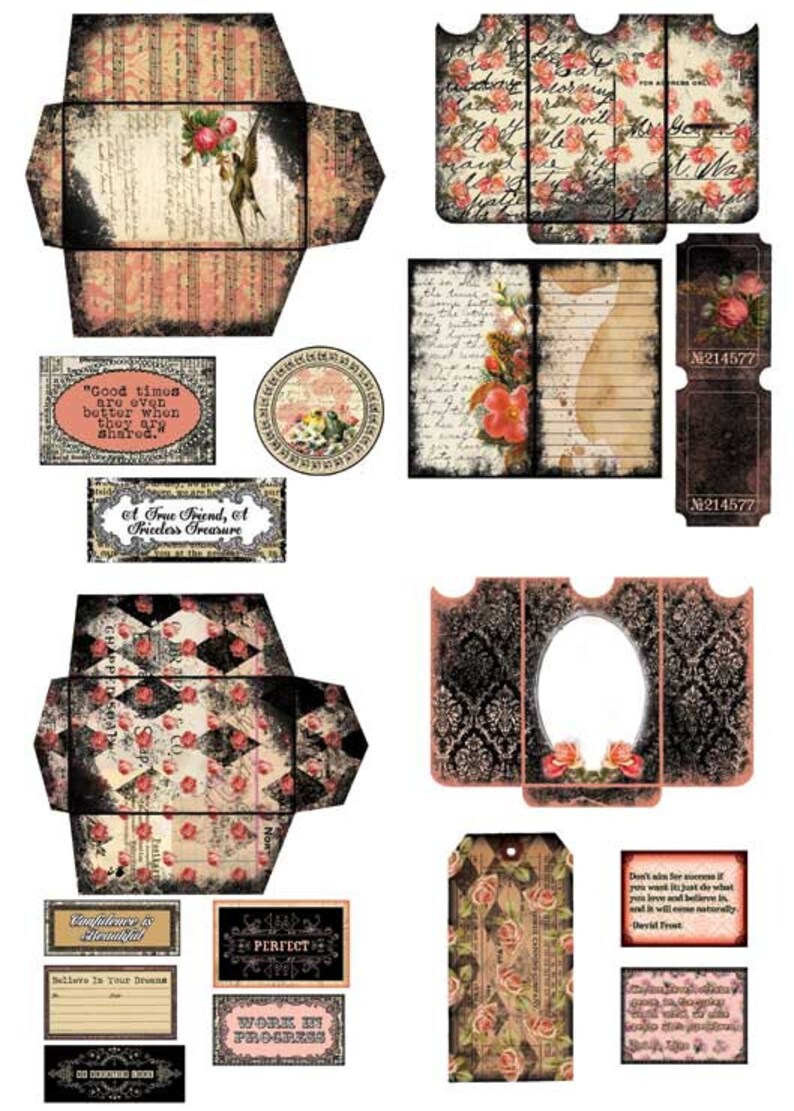 May include: A collection of vintage-style printable digital papers and ephemera featuring floral patterns, handwritten text, and quotes. The papers are in shades of pink, black, and white with a distressed look.
