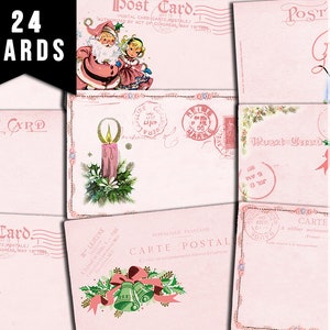 Postcards Christmas Printable, Pink Retro Christmas -6pg Digital Download- Scrapbooking paper ephemera,Journaling Vintage Ephemera, Pastel